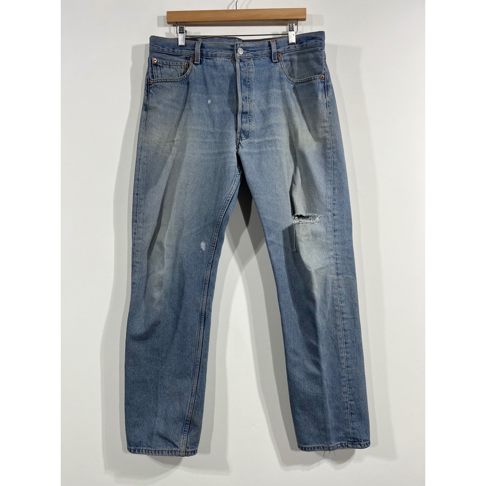 Levis 501 XX Mens Vintage Light Wash Straight Button Fly Distressed Jeans 36x32